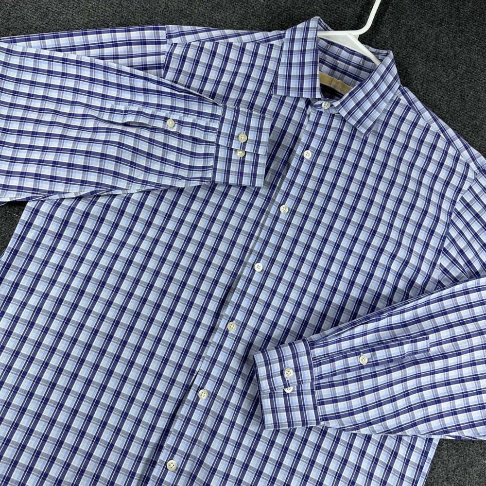 Michael Kors Button Down Mens 16.5 34/35 Blue Plaid Regular Fit Dress Shirt